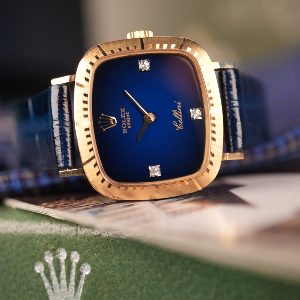 1976 NOS Rolex Cellini Ref 4082 18K Yellow Gold Rare Blue Vignette Diamond Dial New Old Stock