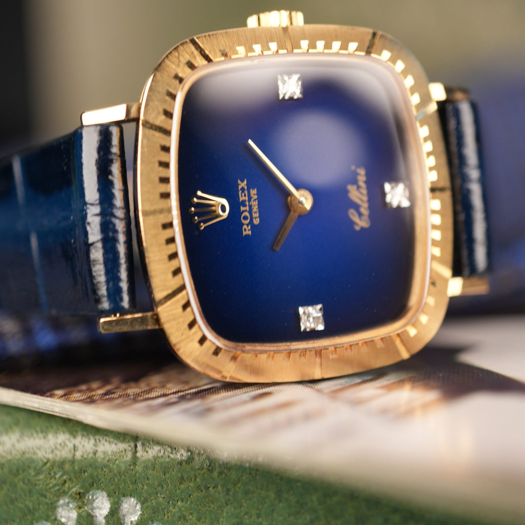1976 NOS Rolex Cellini Ref 4082 18K Yellow Gold Rare Blue Vignette Diamond Dial New Old Stock