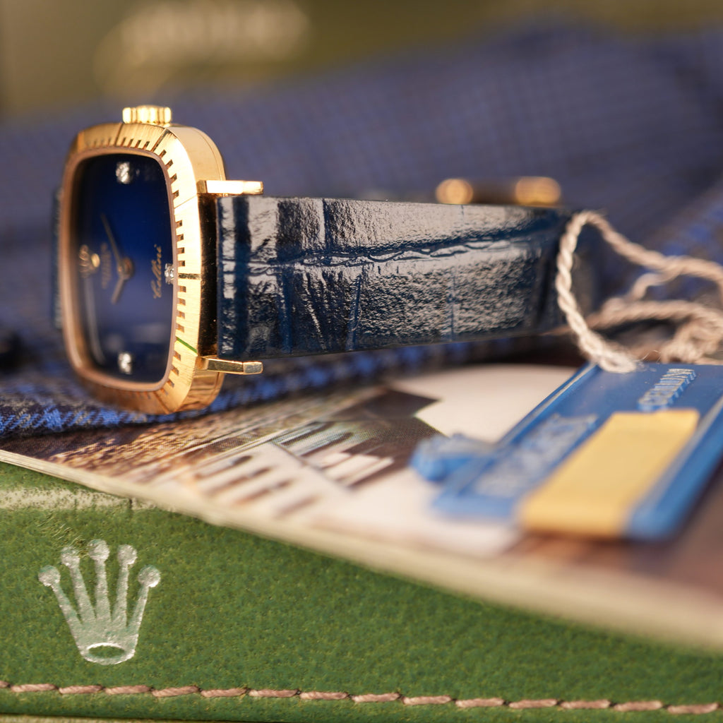 1976 NOS Rolex Cellini Ref 4082 18K Yellow Gold Rare Blue Vignette Diamond Dial New Old Stock