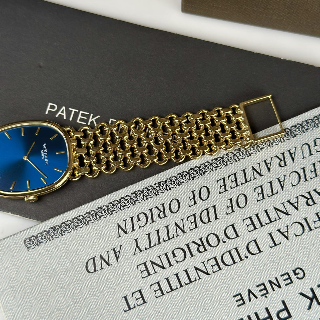 1977 Patek Philippe Ref 3848 Golden Ellipse 18k Gold Factory Blue Dial with Box and Papers