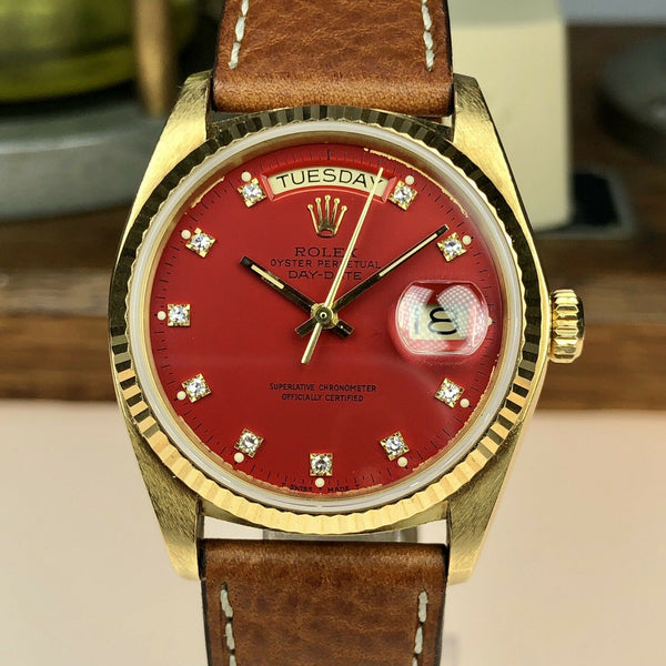 1977 Vintage Rolex Day Date 18038 Solid Red Stella Dimond Dial
