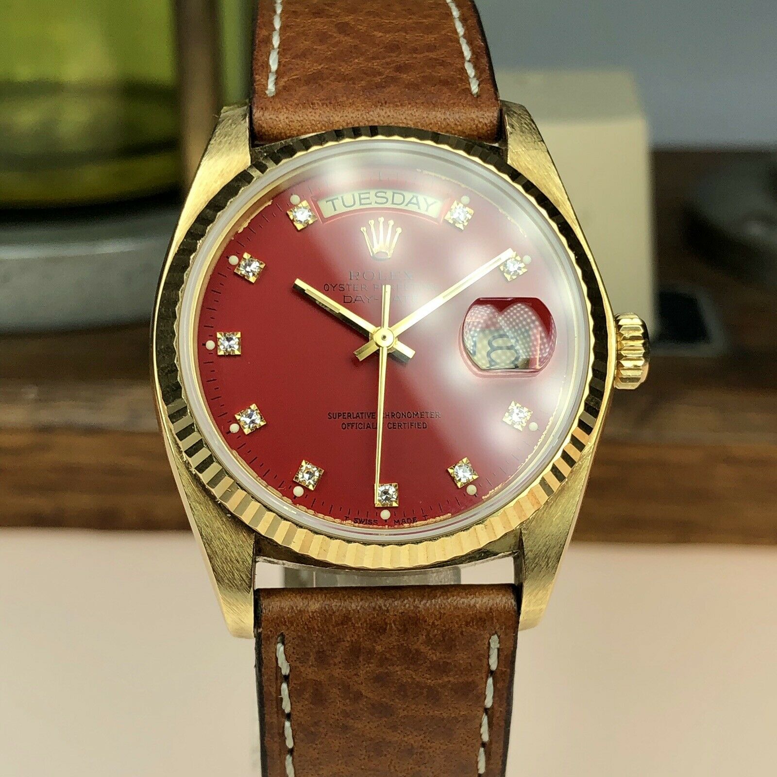 1977 Vintage Rolex Day Date 18038 Solid Red Stella Dimond Dial