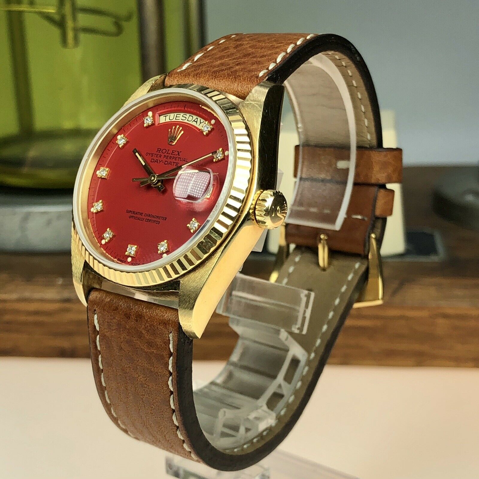 1977 Vintage Rolex Day Date 18038 Solid Red Stella Dimond Dial