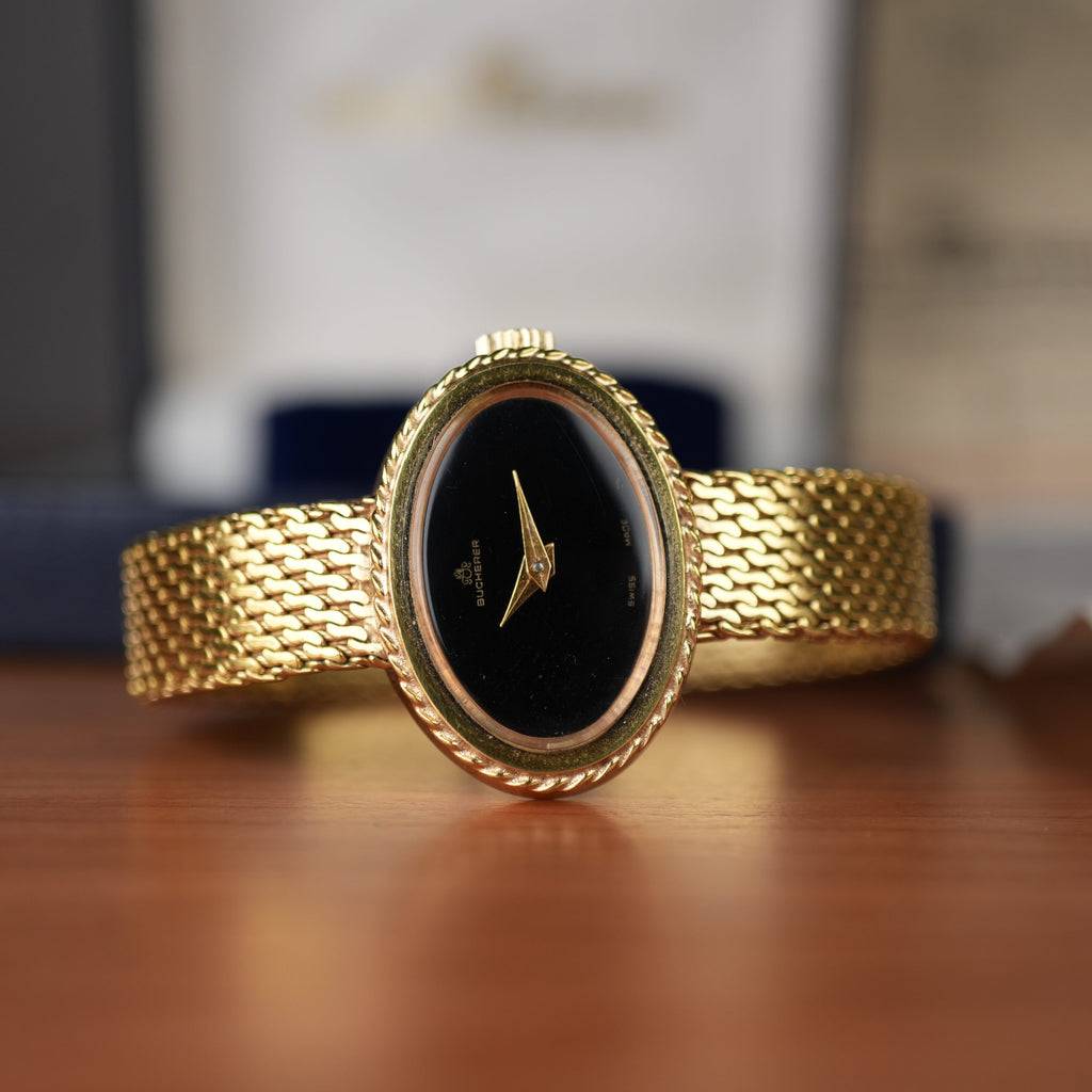 1978 Bucherer Ladies Onyx Gold Plated Watch Box and papers