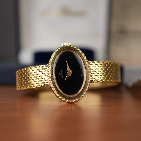 1978 Bucherer Ladies Onyx Gold Plated Watch Box and papers
