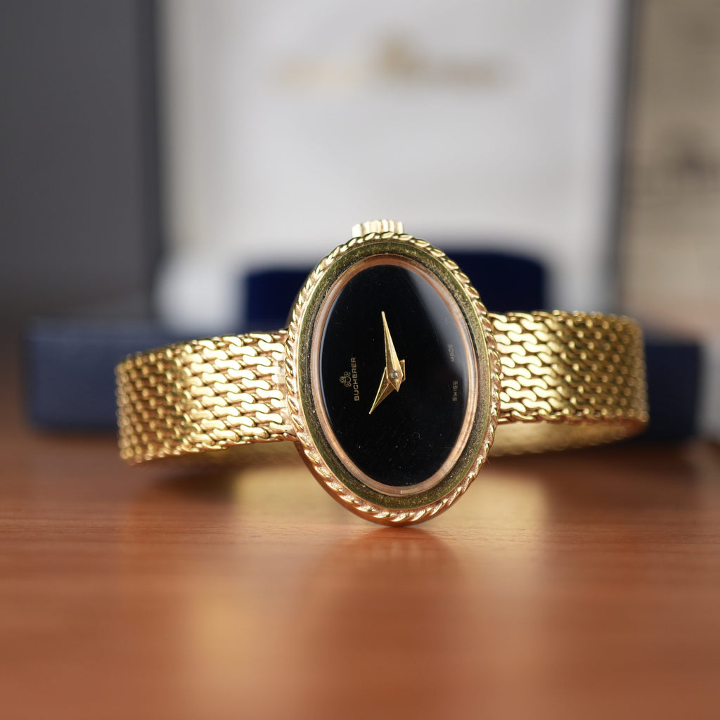 1978 Bucherer Ladies Onyx Gold Plated Watch Box and papers
