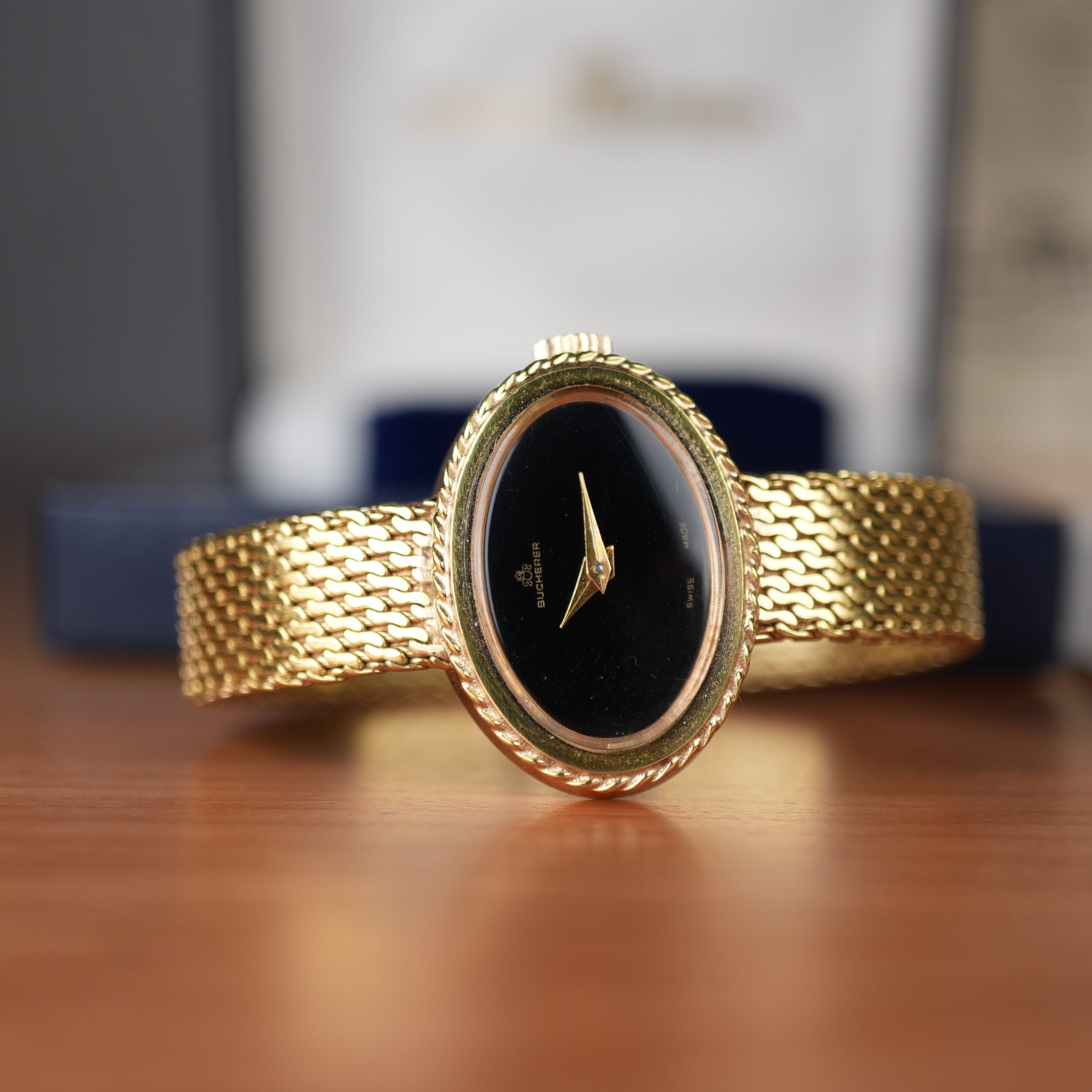1978 Bucherer Ladies Onyx Gold Plated Watch Box and papers