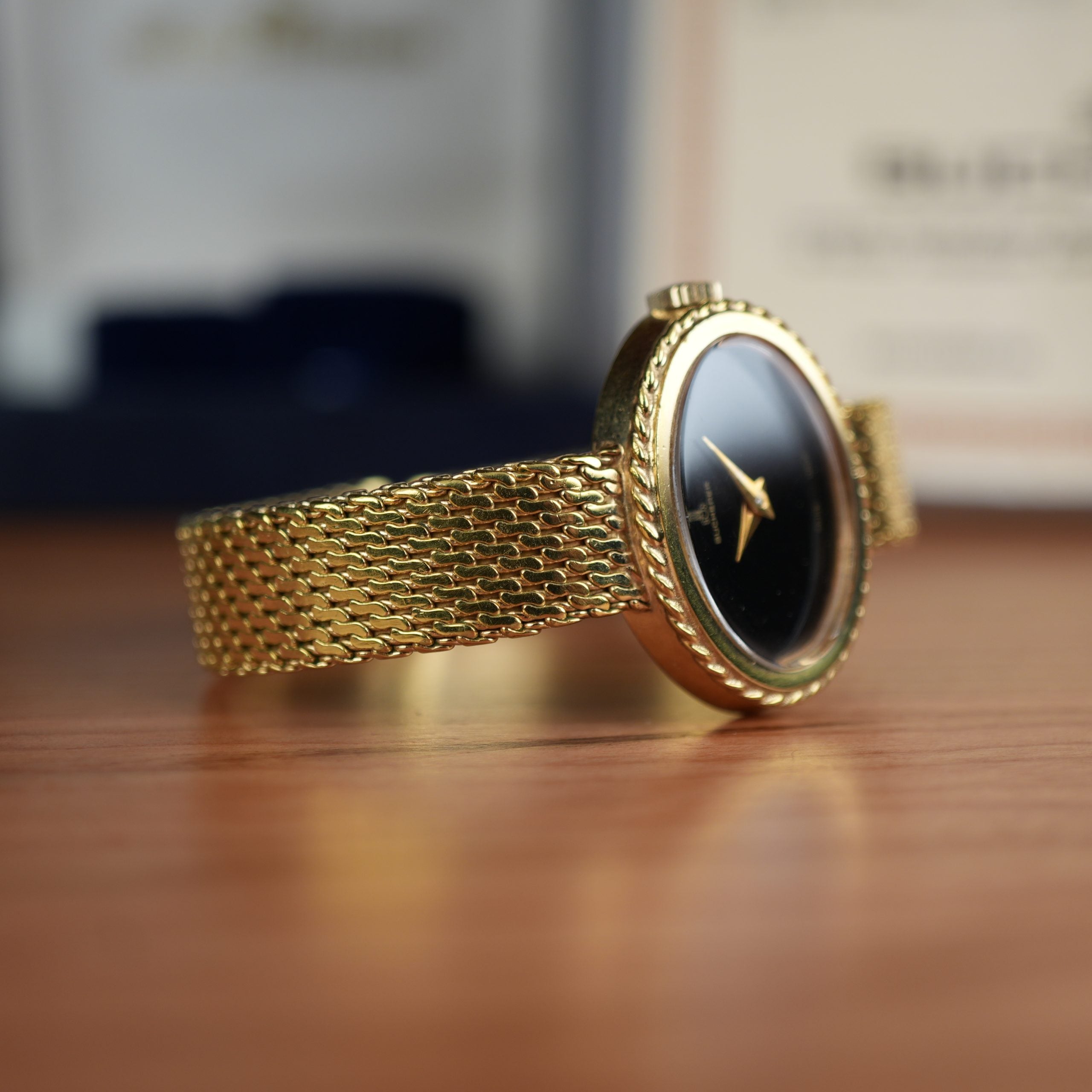 1978 Bucherer Ladies Onyx Gold Plated Watch Box and papers