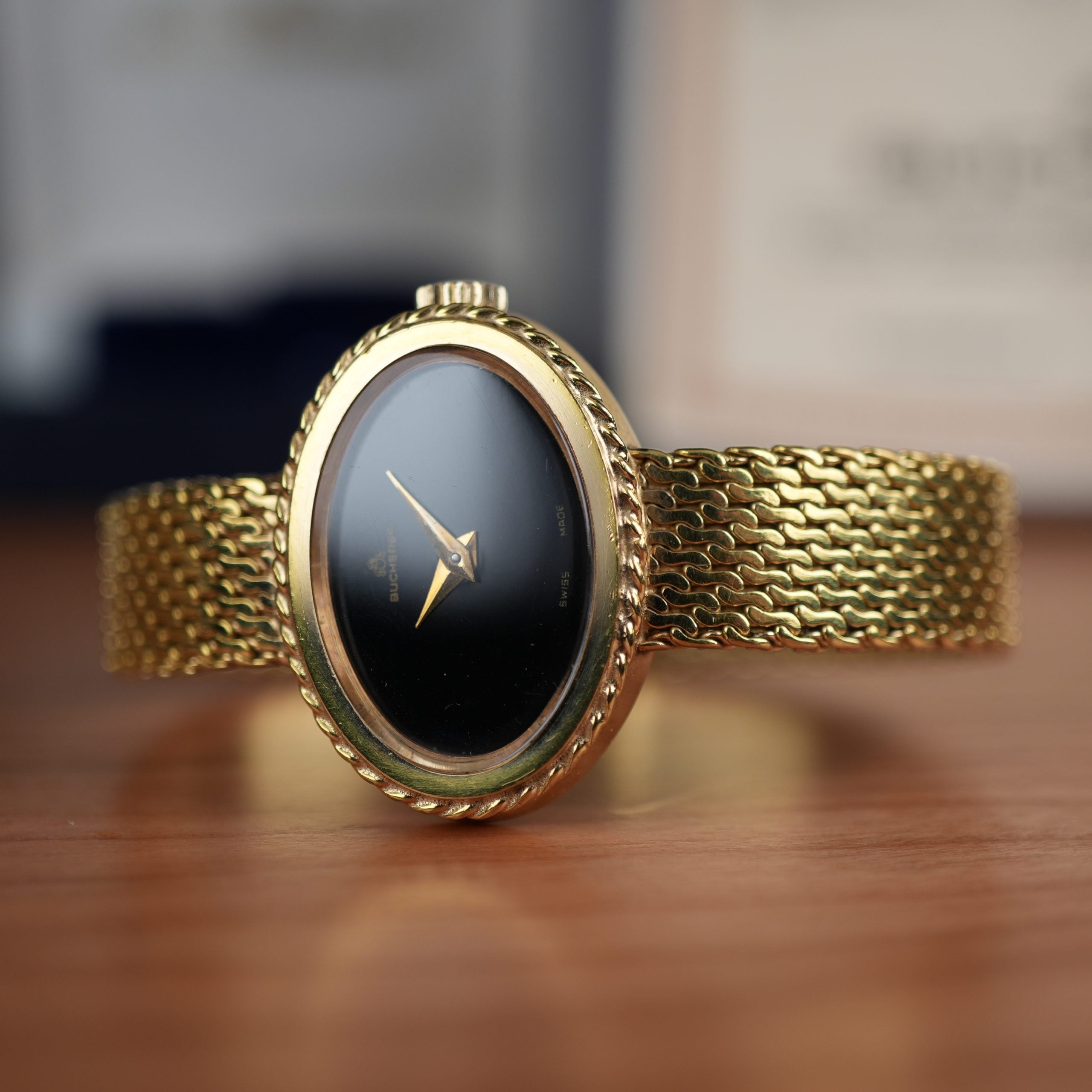 1978 Bucherer Ladies Onyx Gold Plated Watch Box and papers