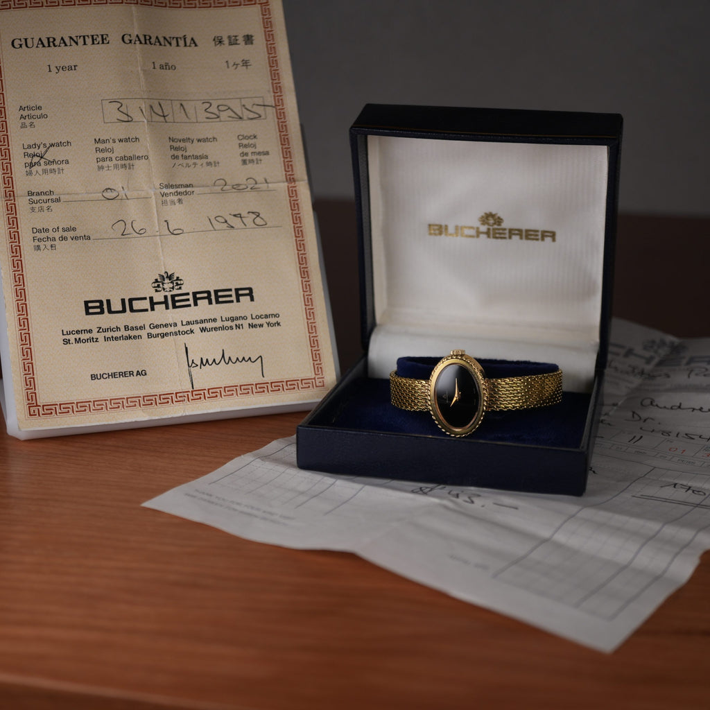 1978 Bucherer Ladies Onyx Gold Plated Watch Box and papers