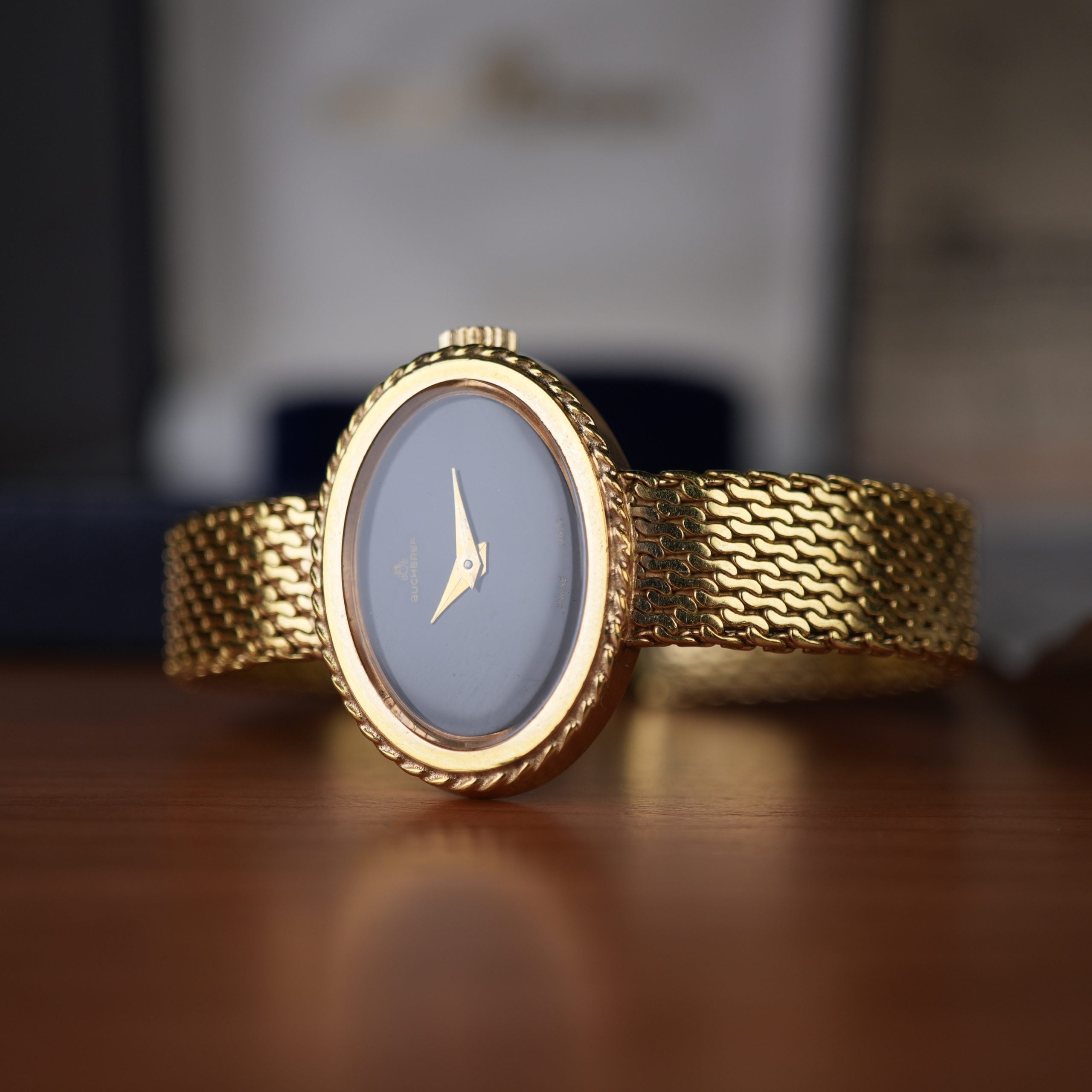 1978 Bucherer Ladies Onyx Gold Plated Watch Box and papers