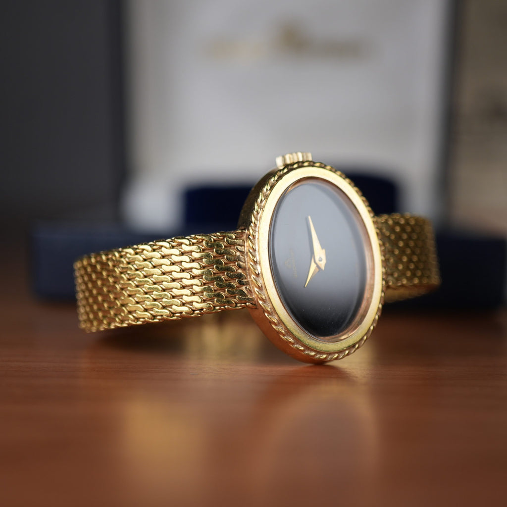 1978 Bucherer Ladies Onyx Gold Plated Watch Box and papers