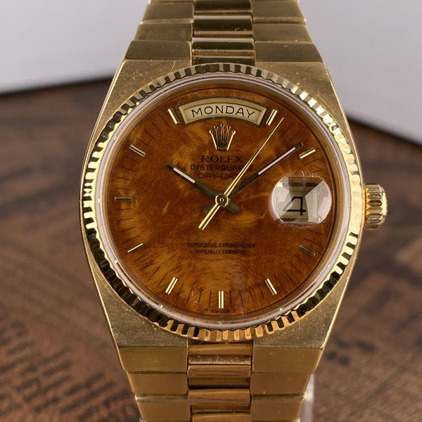 1980 Rolex Day-Date Oysterquartz 19018 Yellow Gold with Wood Dial