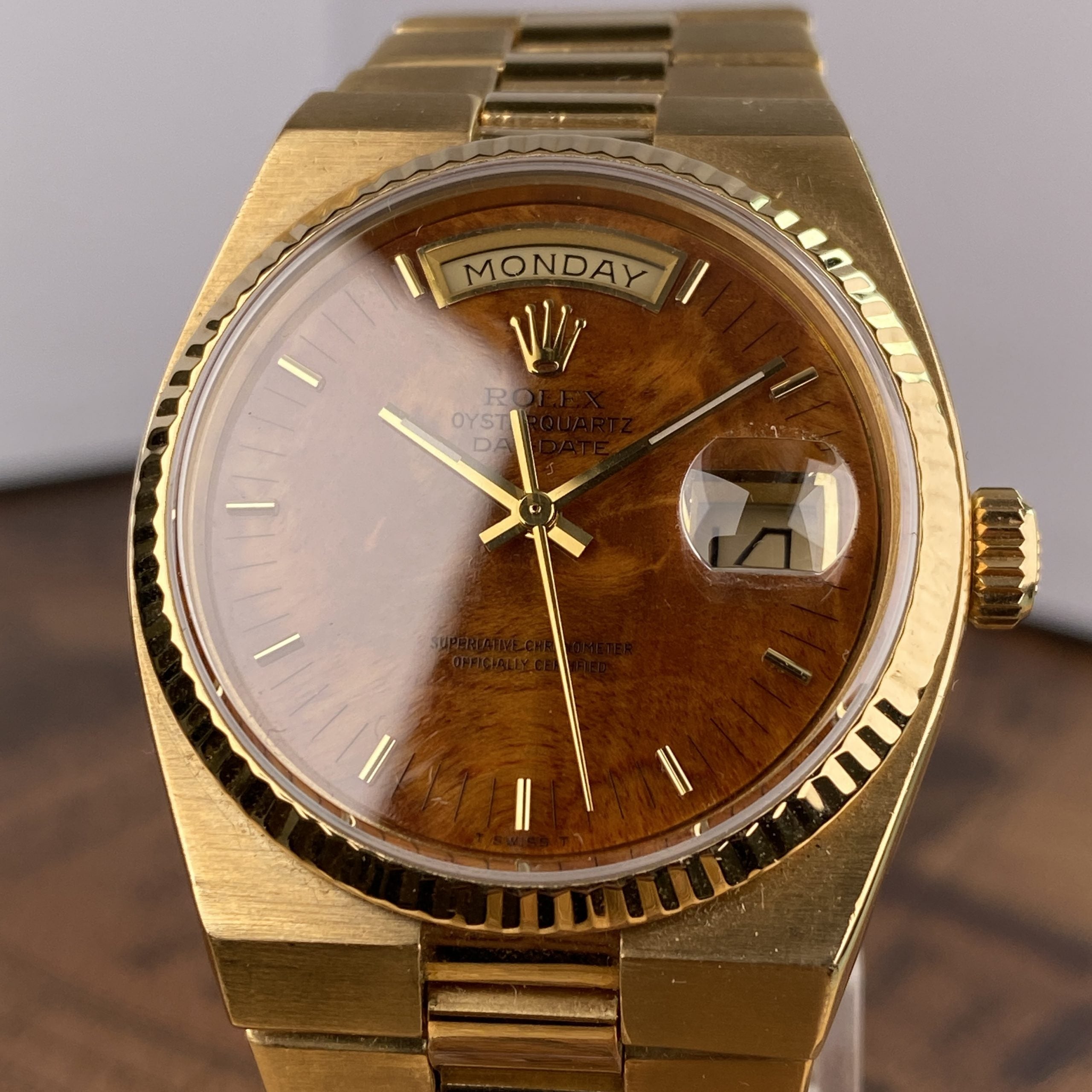 1980 Rolex Day-Date Oysterquartz 19018 Yellow Gold with Wood Dial