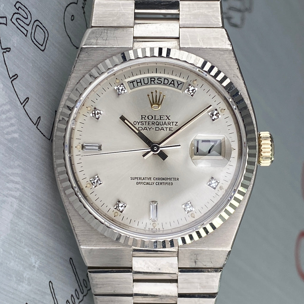 1980 Rolex Day-Date Oysterquartz 19019 White Gold Unpolished with Rare Factory Diamonds Dial