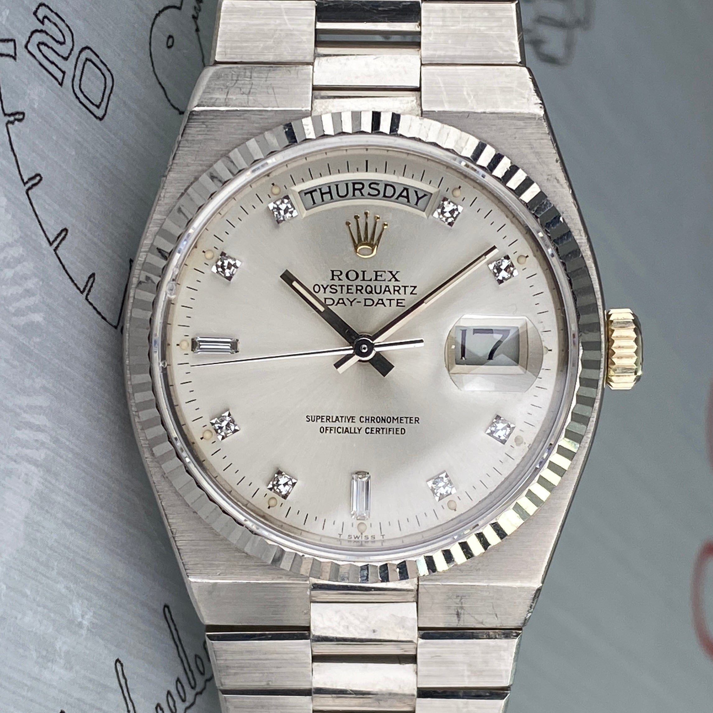 1980 Rolex Day-Date Oysterquartz 19019 White Gold Unpolished with Rare Factory Diamonds Dial
