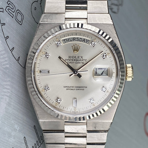 1980 Rolex Day-Date Oysterquartz 19019 White Gold Unpolished with Rare Factory Diamonds Dial