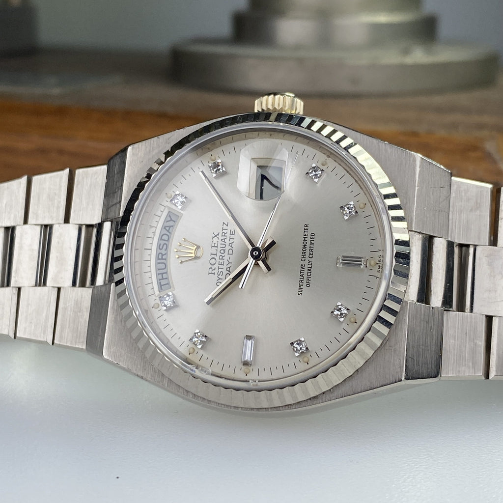 1980 Rolex Day-Date Oysterquartz 19019 White Gold Unpolished with Rare Factory Diamonds Dial
