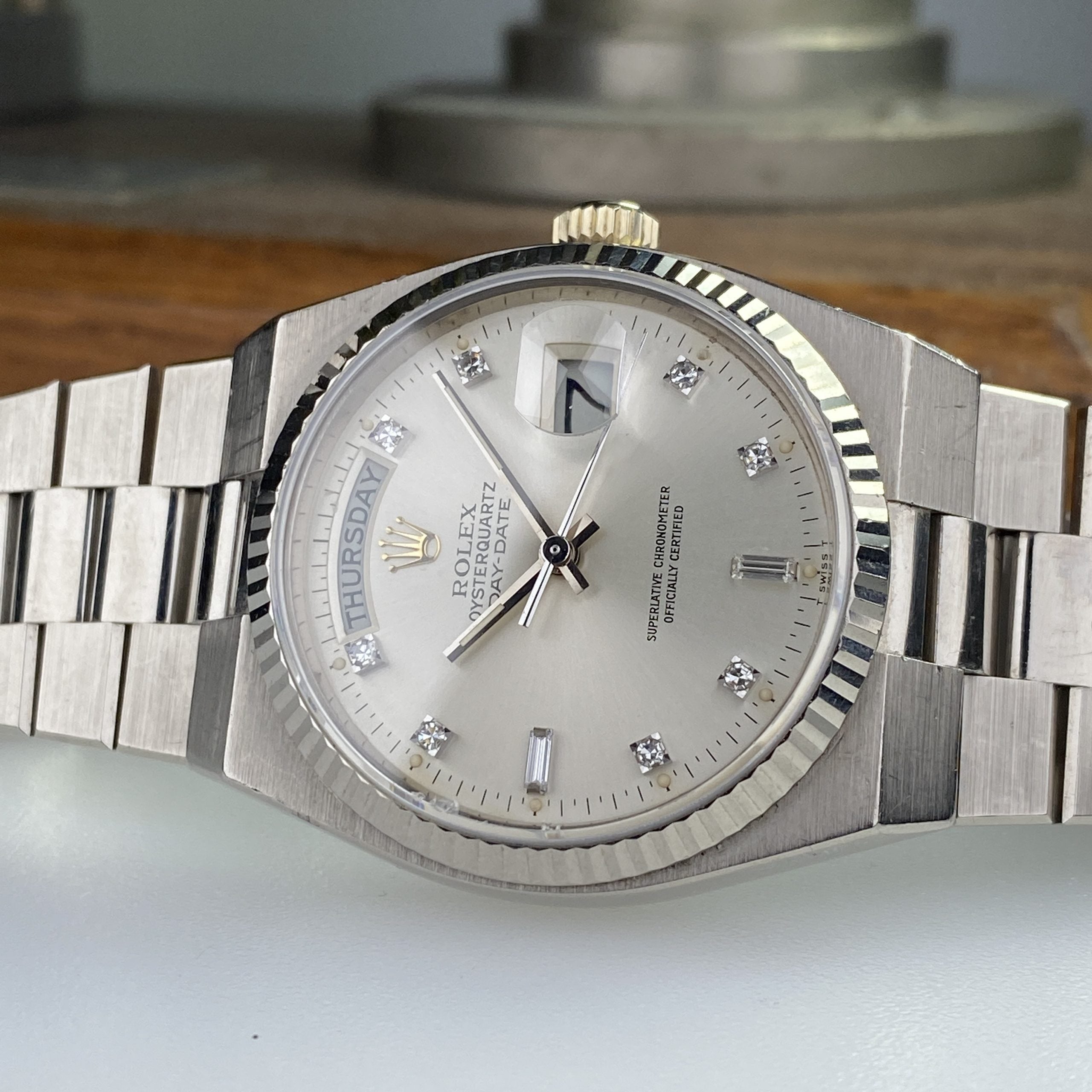 1980 Rolex Day-Date Oysterquartz 19019 White Gold Unpolished with Rare Factory Diamonds Dial