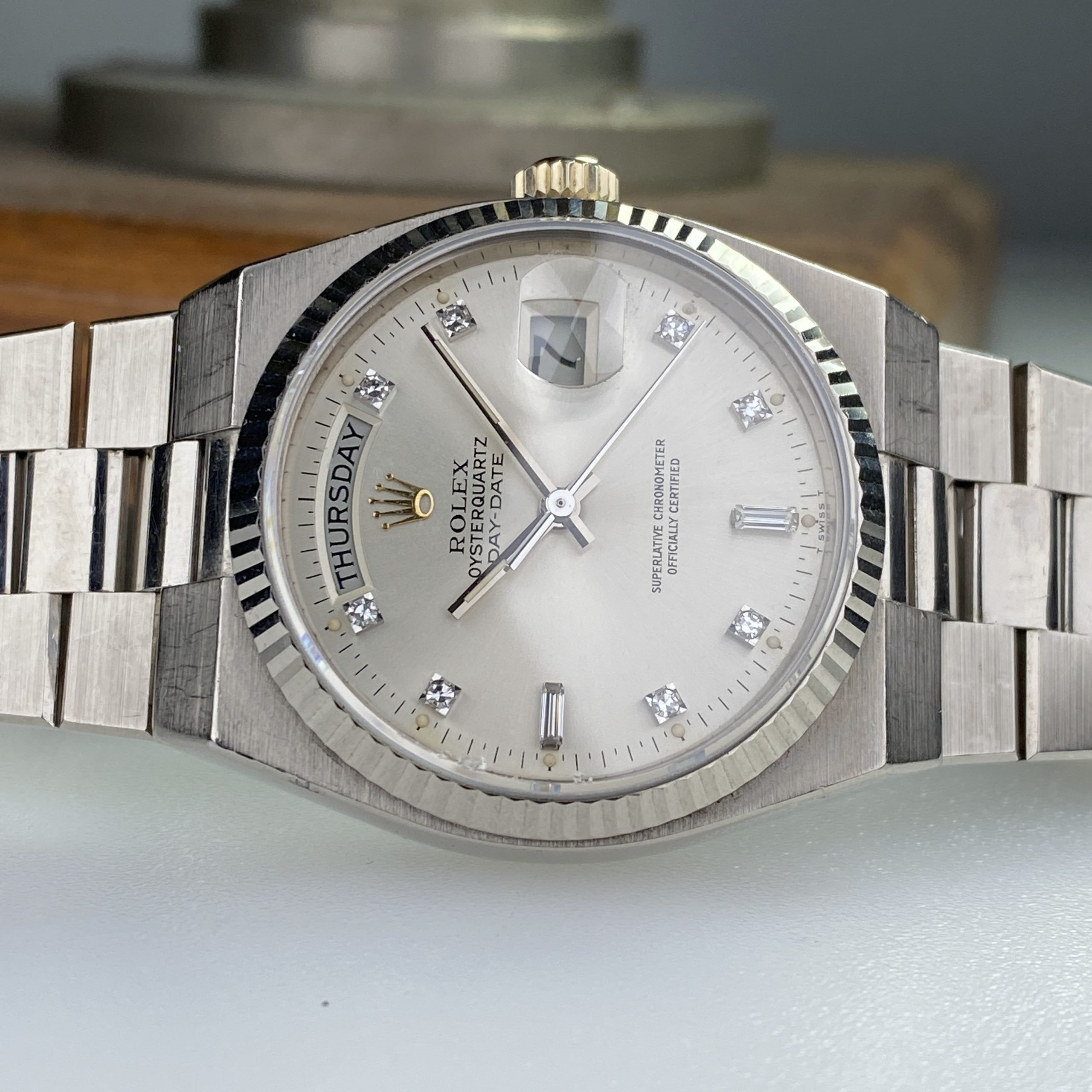 1980 Rolex Day-Date Oysterquartz 19019 White Gold Unpolished with Rare Factory Diamonds Dial