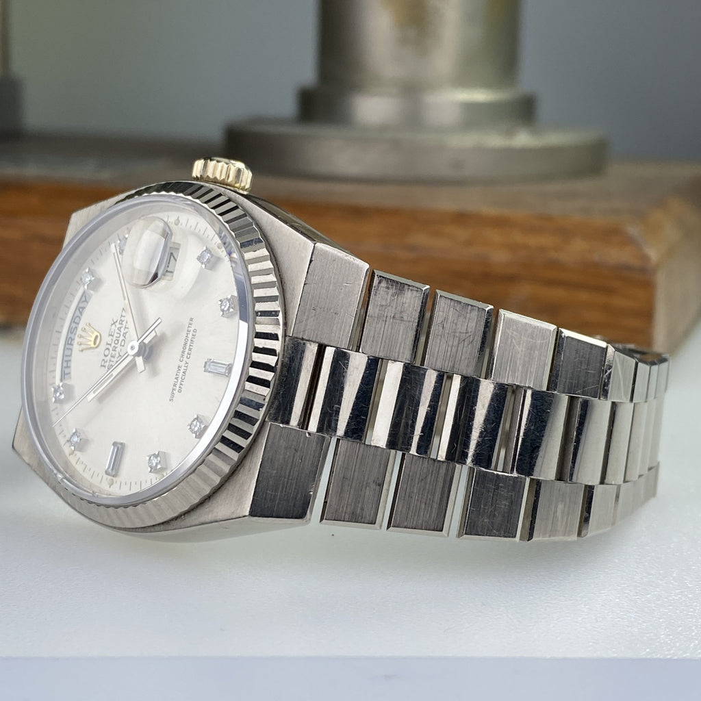 1980 Rolex Day-Date Oysterquartz 19019 White Gold Unpolished with Rare Factory Diamonds Dial