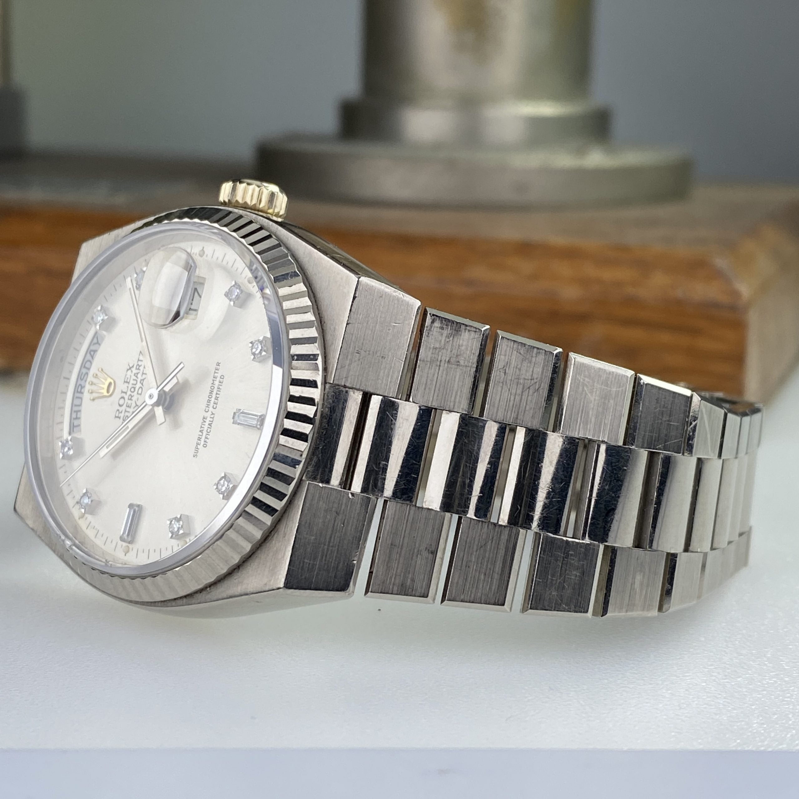 1980 Rolex Day-Date Oysterquartz 19019 White Gold Unpolished with Rare Factory Diamonds Dial