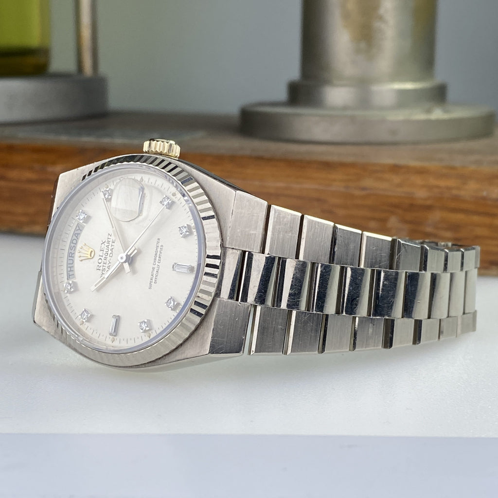 1980 Rolex Day-Date Oysterquartz 19019 White Gold Unpolished with Rare Factory Diamonds Dial