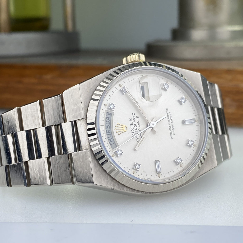 1980 Rolex Day-Date Oysterquartz 19019 White Gold Unpolished with Rare Factory Diamonds Dial