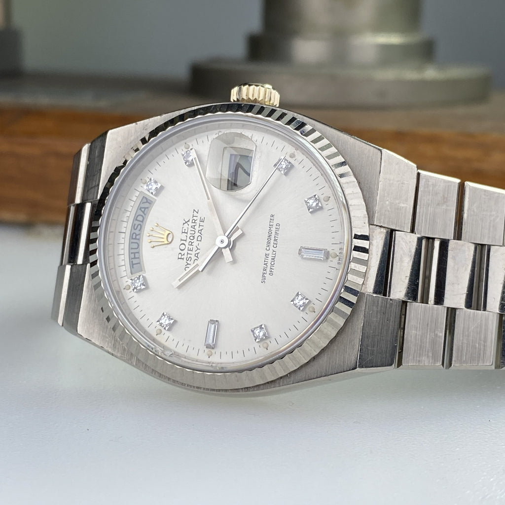 1980 Rolex Day-Date Oysterquartz 19019 White Gold Unpolished with Rare Factory Diamonds Dial