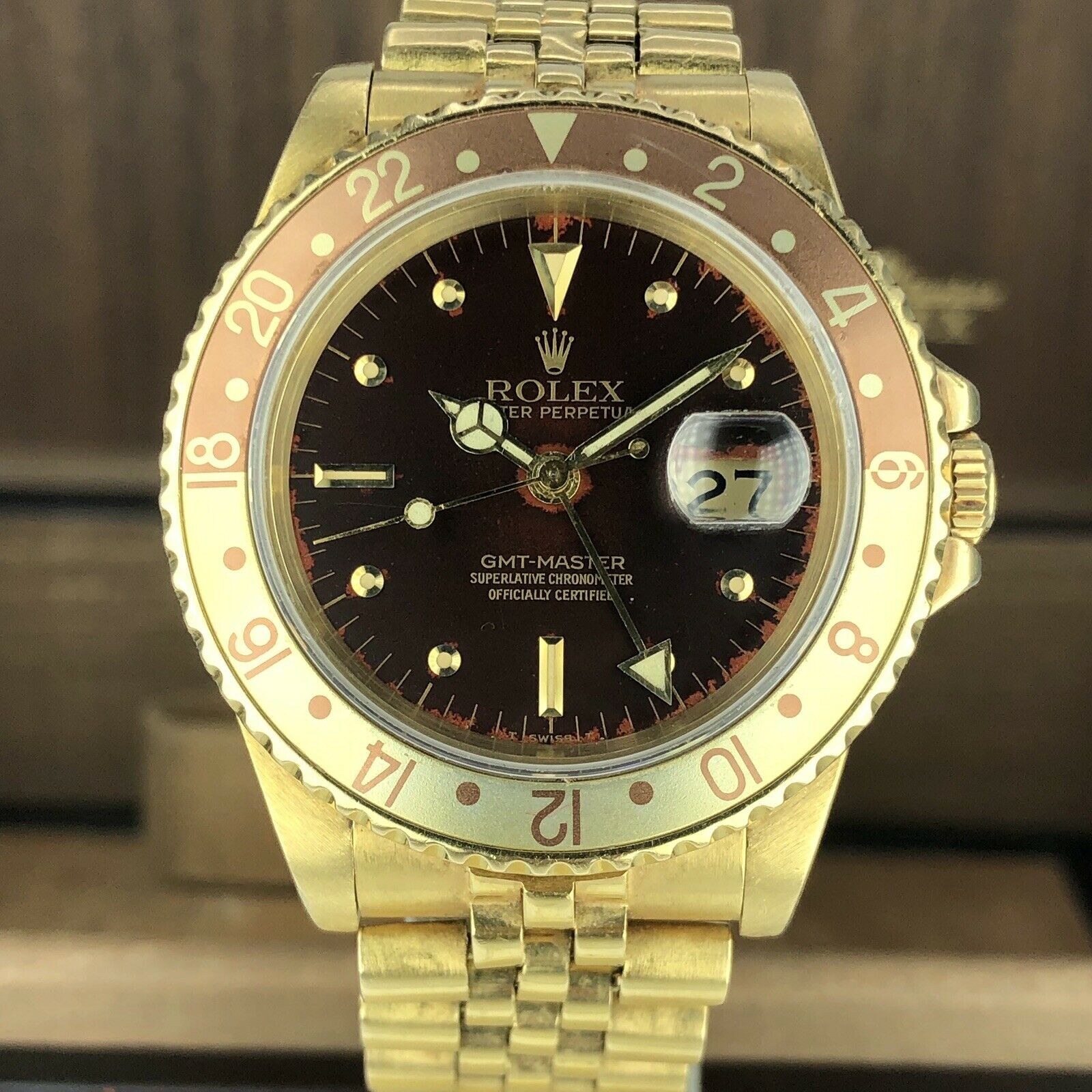 1980 Vintage Rolex GMT Master 16758 Gold Root Beer Brown Nipple Milatry Engrave