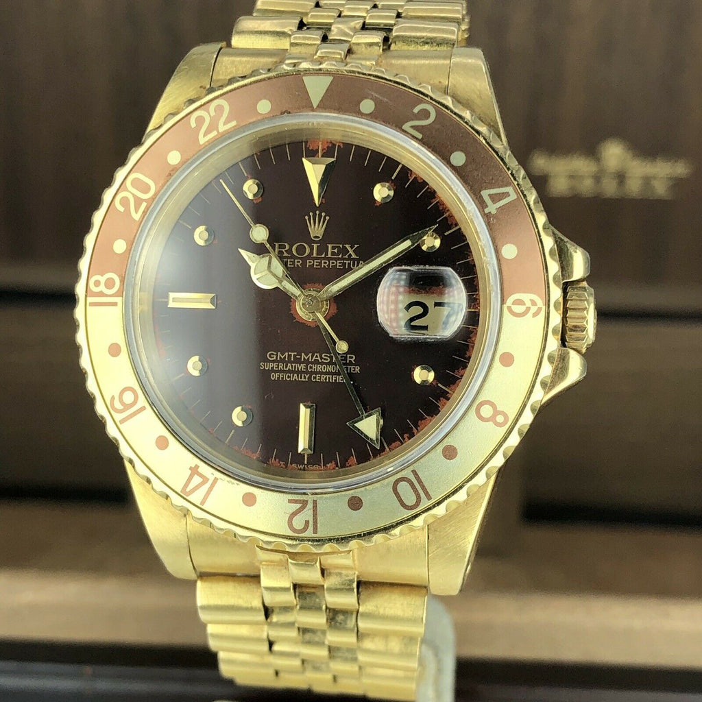 1980 Vintage Rolex GMT Master 16758 Gold Root Beer Brown Nipple Milatry Engrave