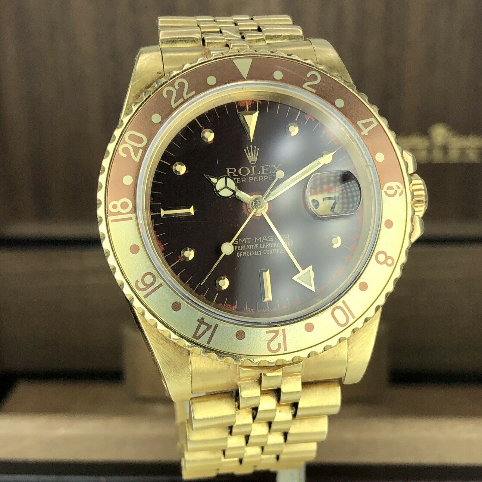 1980 Vintage Rolex GMT Master 16758 Gold Root Beer Brown Nipple Milatry Engrave