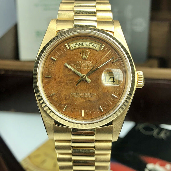 1980 Vintage Rolex YG Day Date 18038 Factory Wood Full Set Box Papers Unpolished