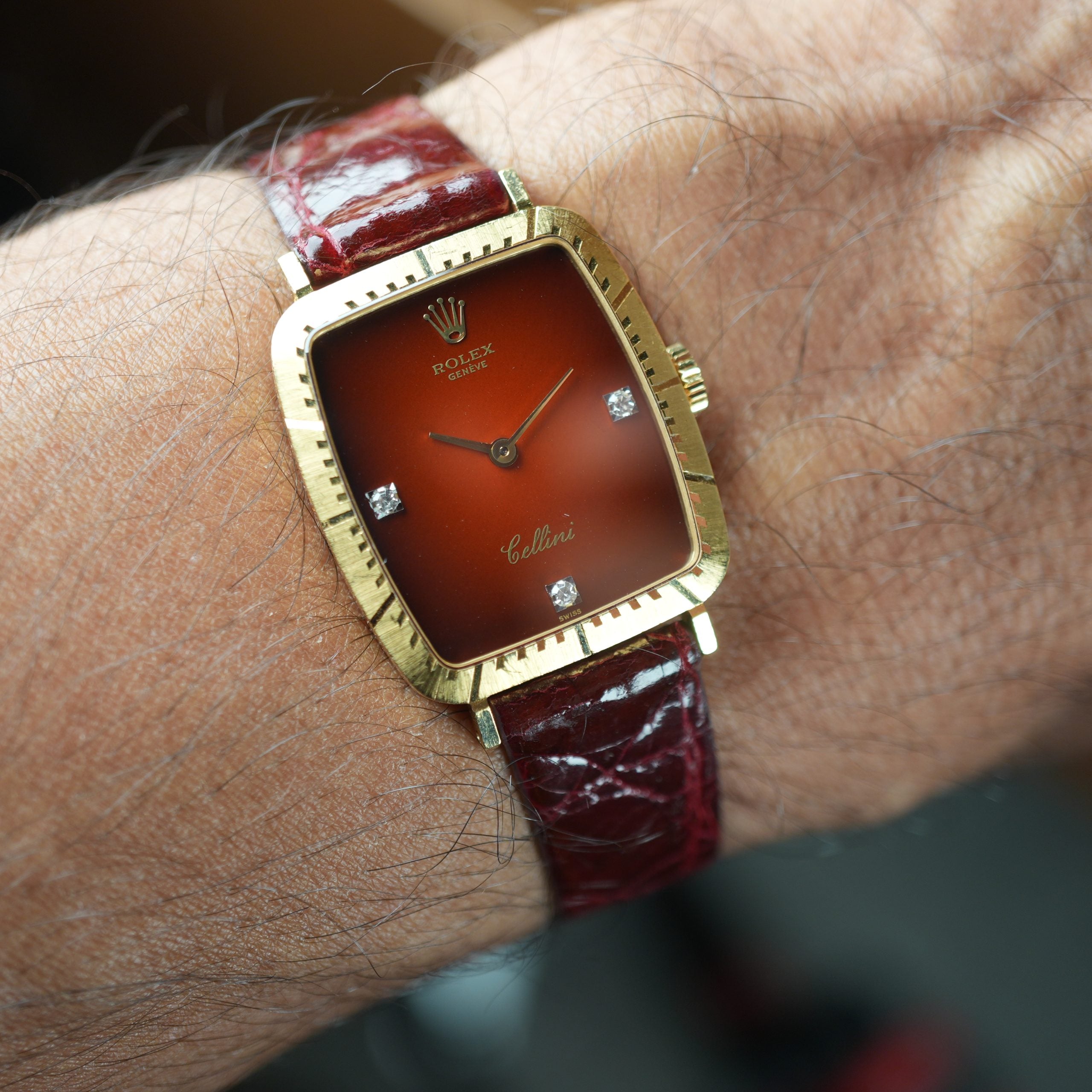 1981 Rolex Cellini 4080 Red Vignette with Diamond Unpolished 18K Gold