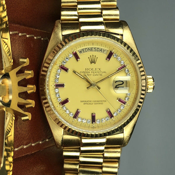 1982 Vintage Rolex YG Day Date 18038 Factory Diamond and Ruby String Dial W Box