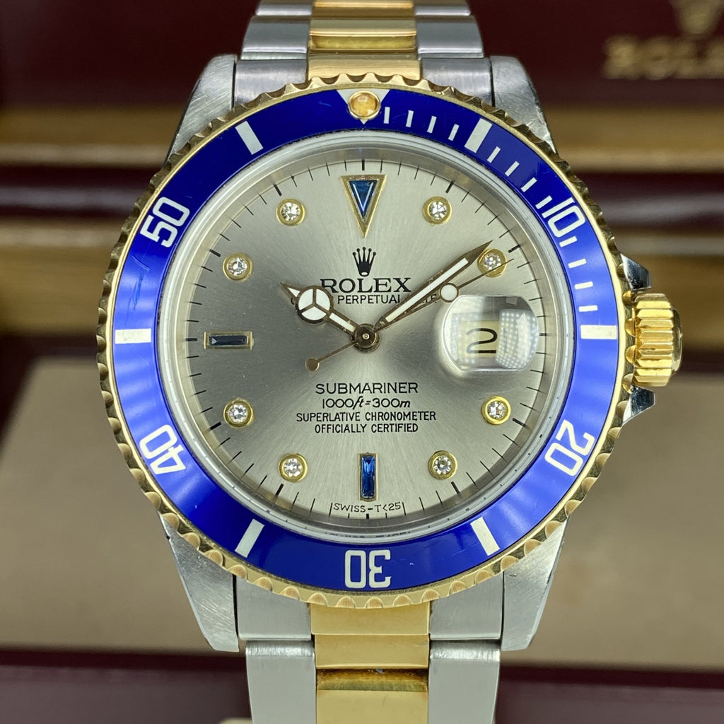 1984 Vintage Rolex Submariner 16803 Unpolished 18k gold & Steel Rare Factory Gray Serti Diamonds Dial