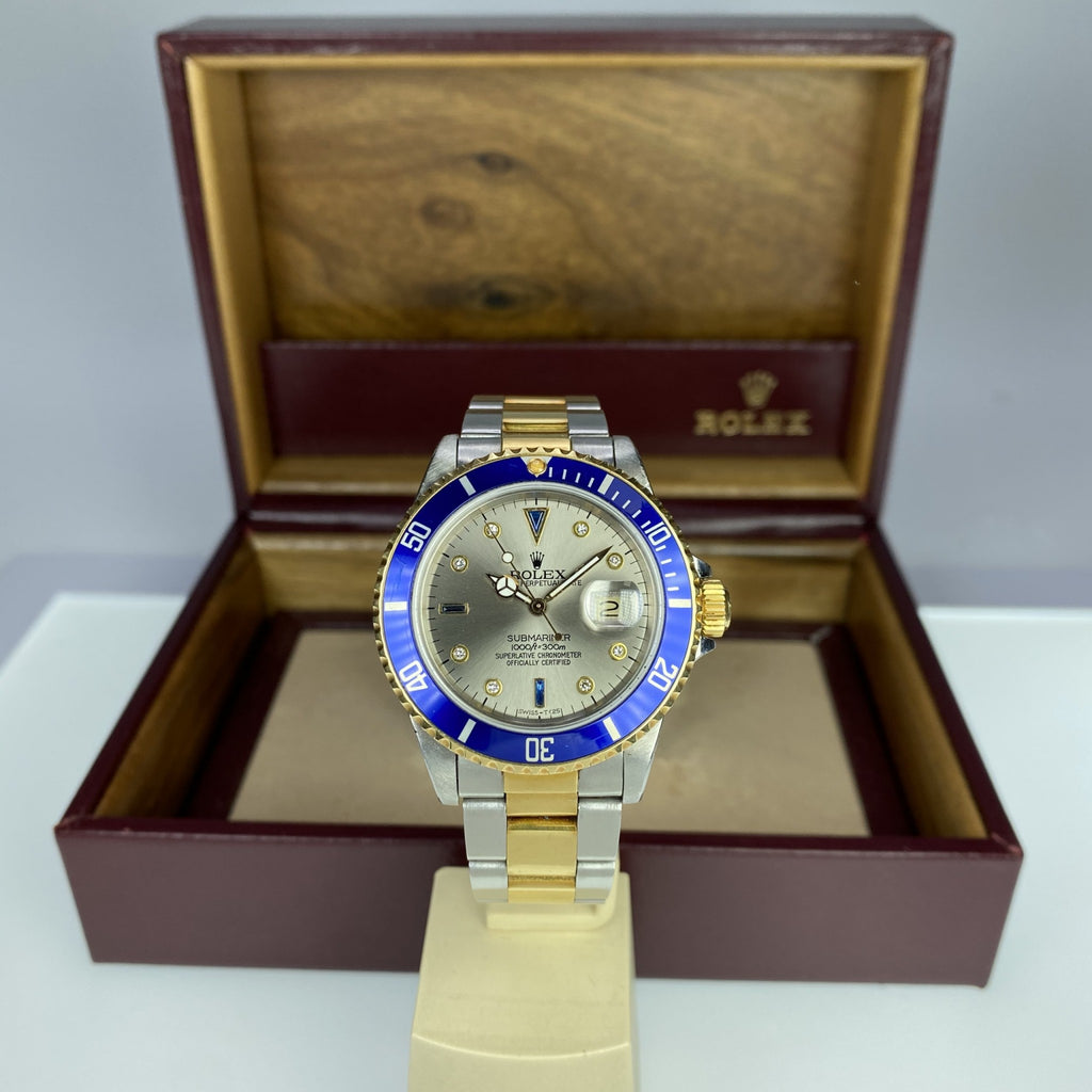 1984 Vintage Rolex Submariner 16803 Unpolished 18k gold & Steel Rare Factory Gray Serti Diamonds Dial