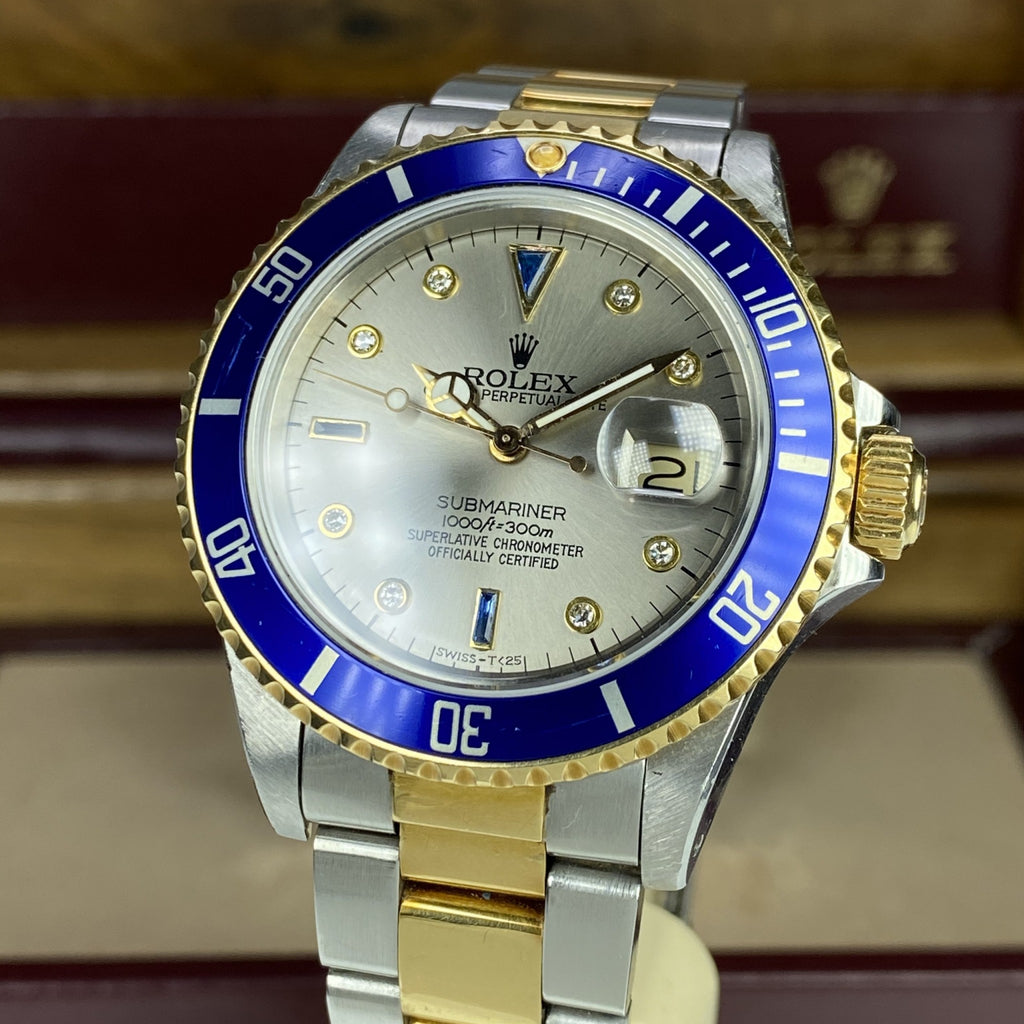 1984 Vintage Rolex Submariner 16803 Unpolished 18k gold & Steel Rare Factory Gray Serti Diamonds Dial