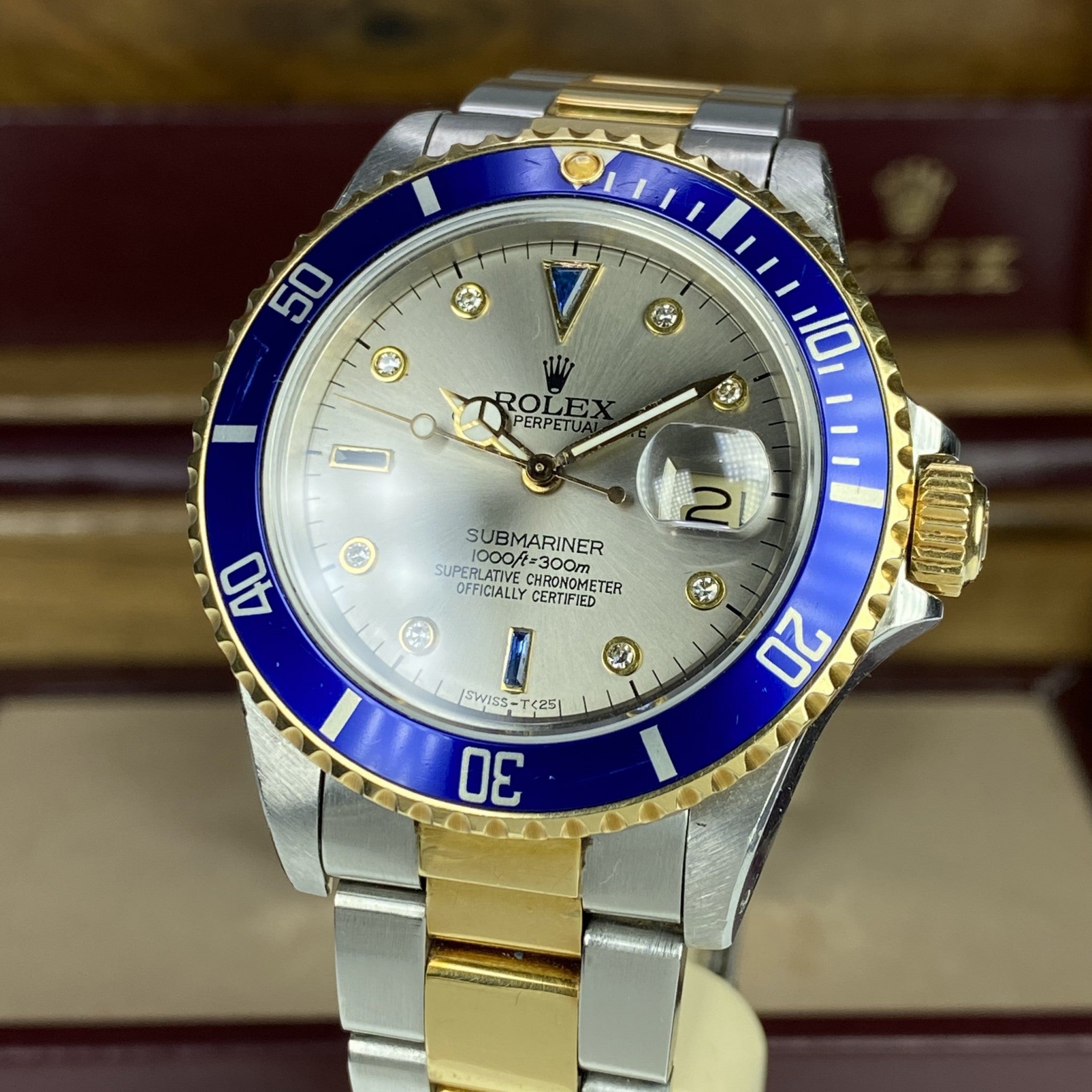 1984 Vintage Rolex Submariner 16803 Unpolished 18k gold & Steel Rare Factory Gray Serti Diamonds Dial