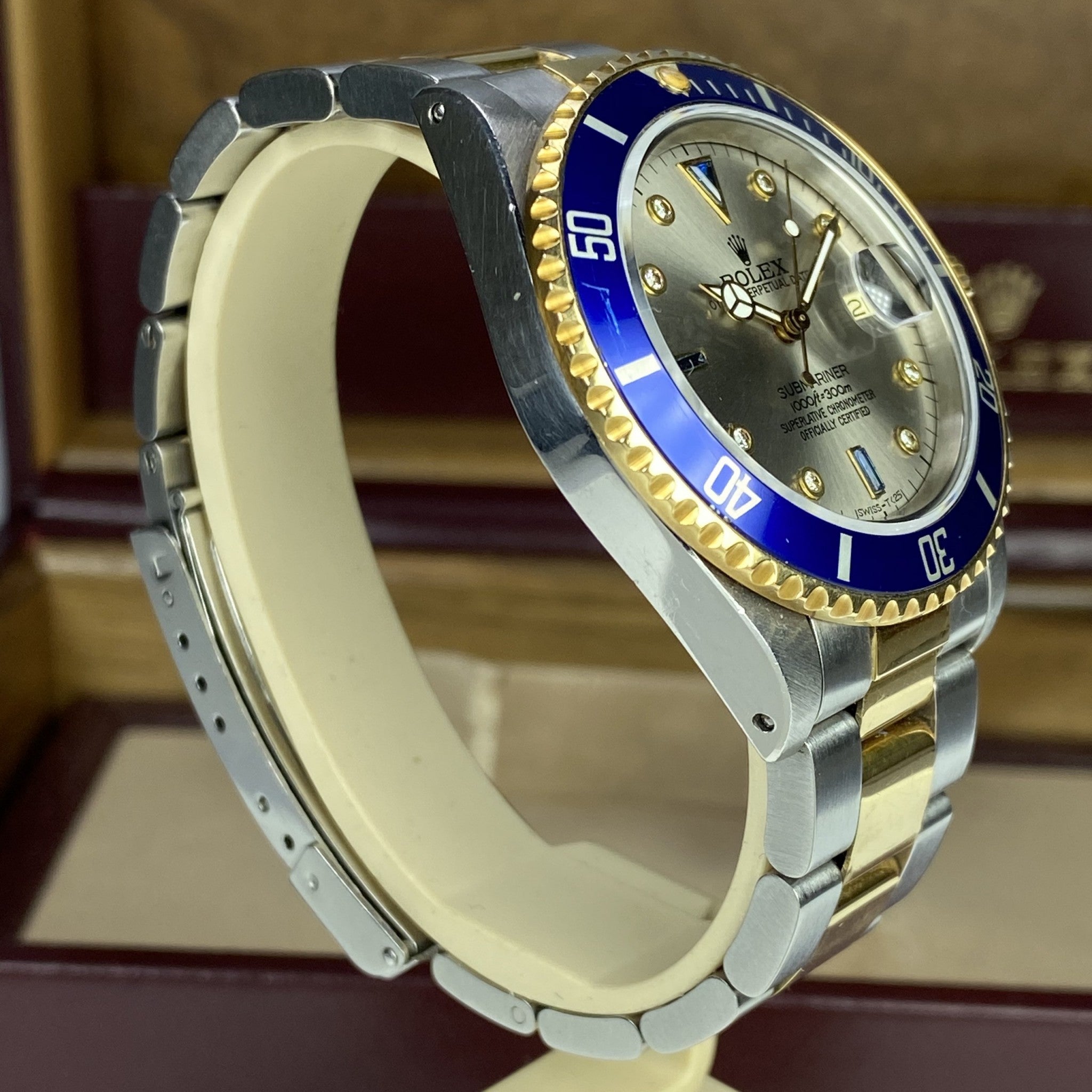 1984 Vintage Rolex Submariner 16803 Unpolished 18k gold & Steel Rare Factory Gray Serti Diamonds Dial