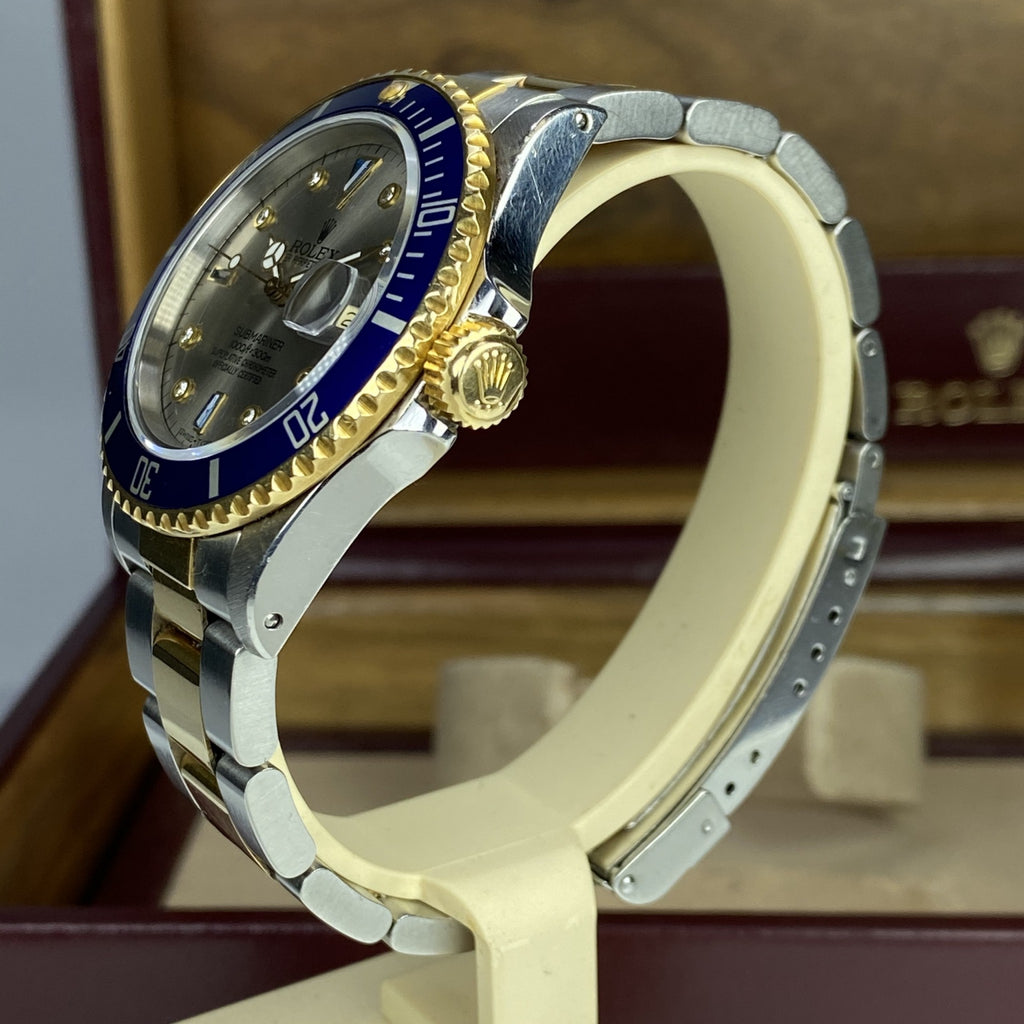 1984 Vintage Rolex Submariner 16803 Unpolished 18k gold & Steel Rare Factory Gray Serti Diamonds Dial
