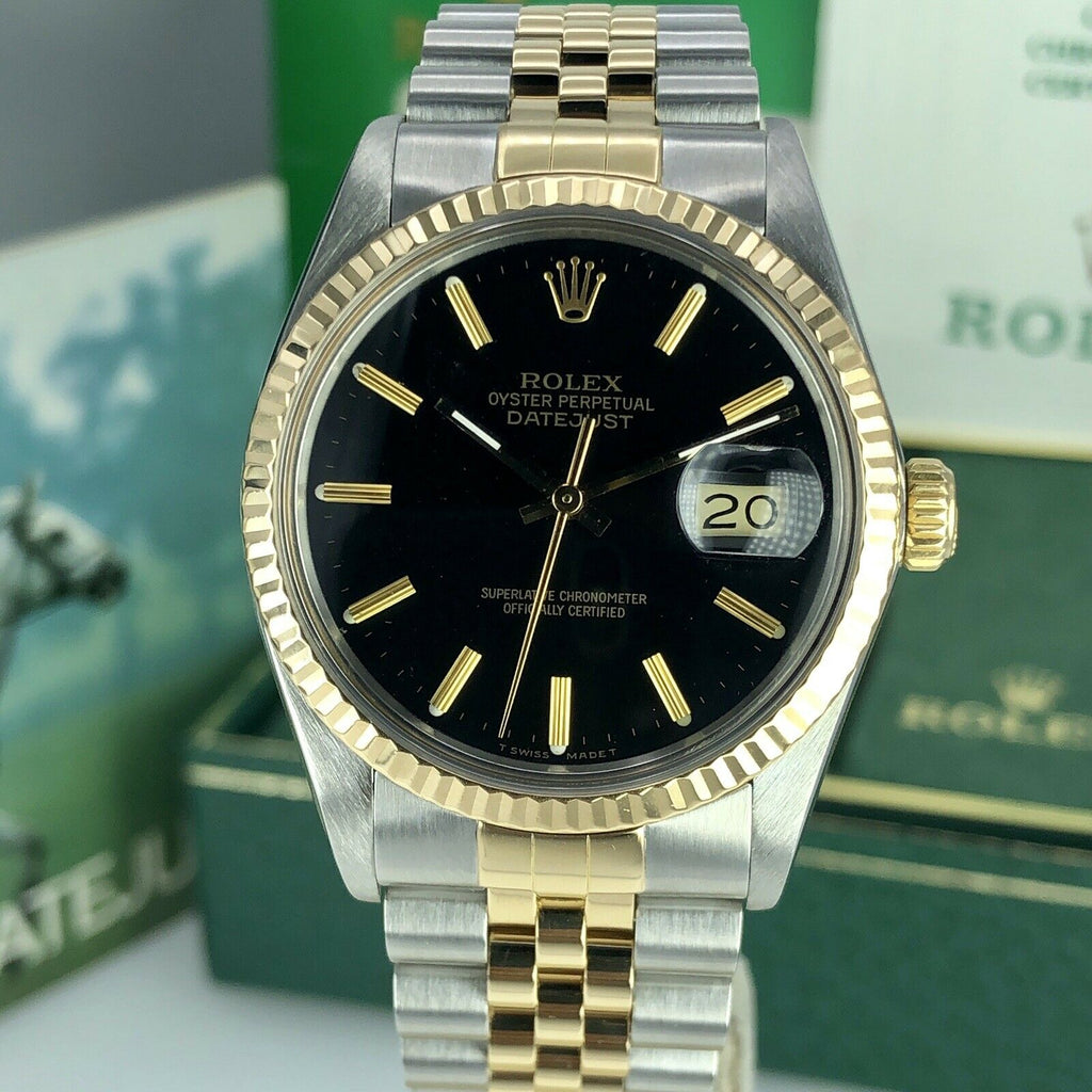 1986 Rolex 16013 Datejust Gold & Steel Black Dial w Box & Papers Collectors set