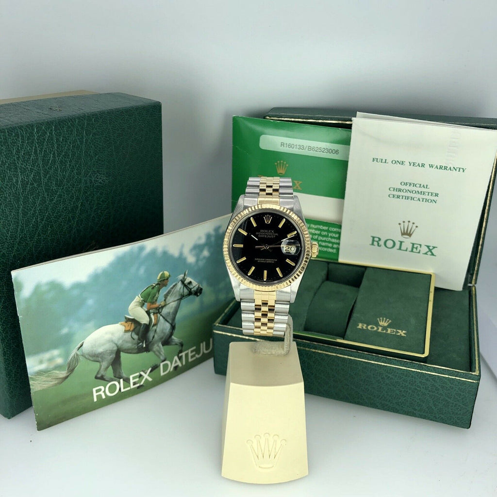 1986 Rolex 16013 Datejust Gold & Steel Black Dial w Box & Papers Collectors set