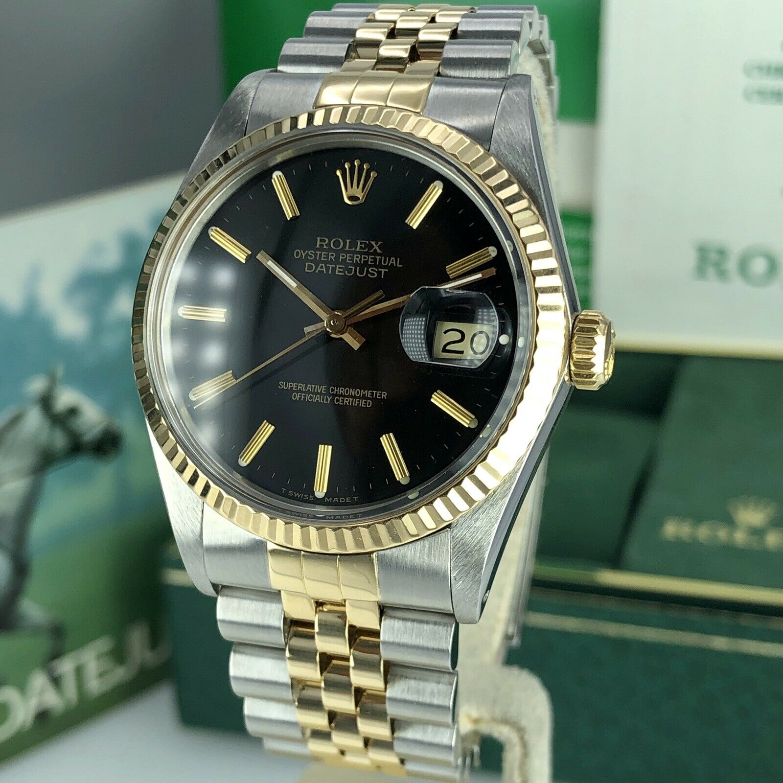 1986 Rolex 16013 Datejust Gold & Steel Black Dial w Box & Papers Collectors set