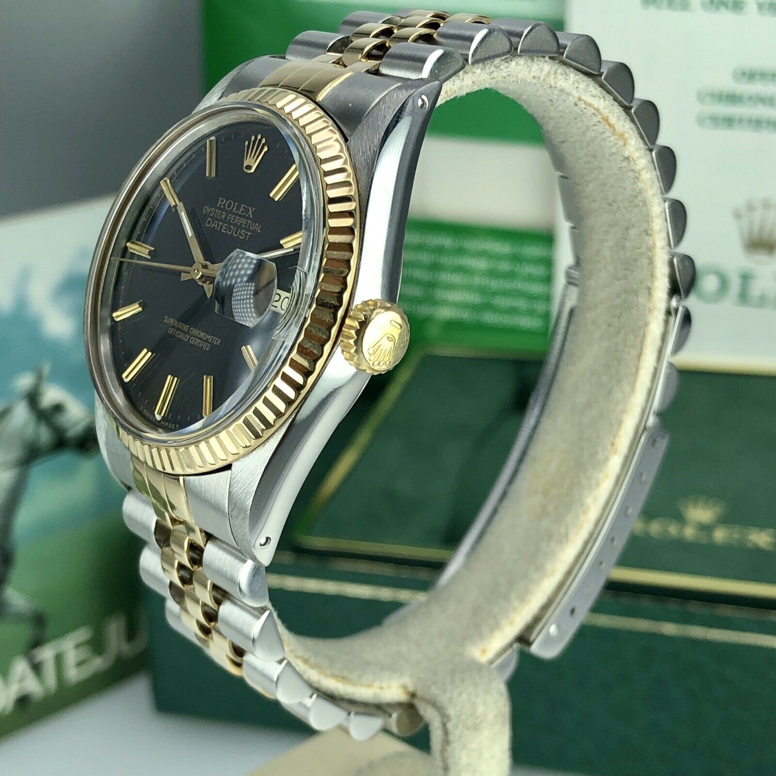 1986 Rolex 16013 Datejust Gold & Steel Black Dial w Box & Papers Collectors set