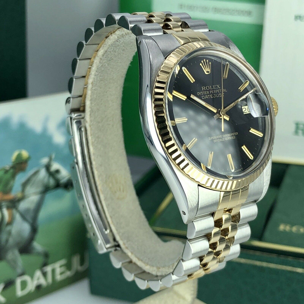 1986 Rolex 16013 Datejust Gold & Steel Black Dial w Box & Papers Collectors set