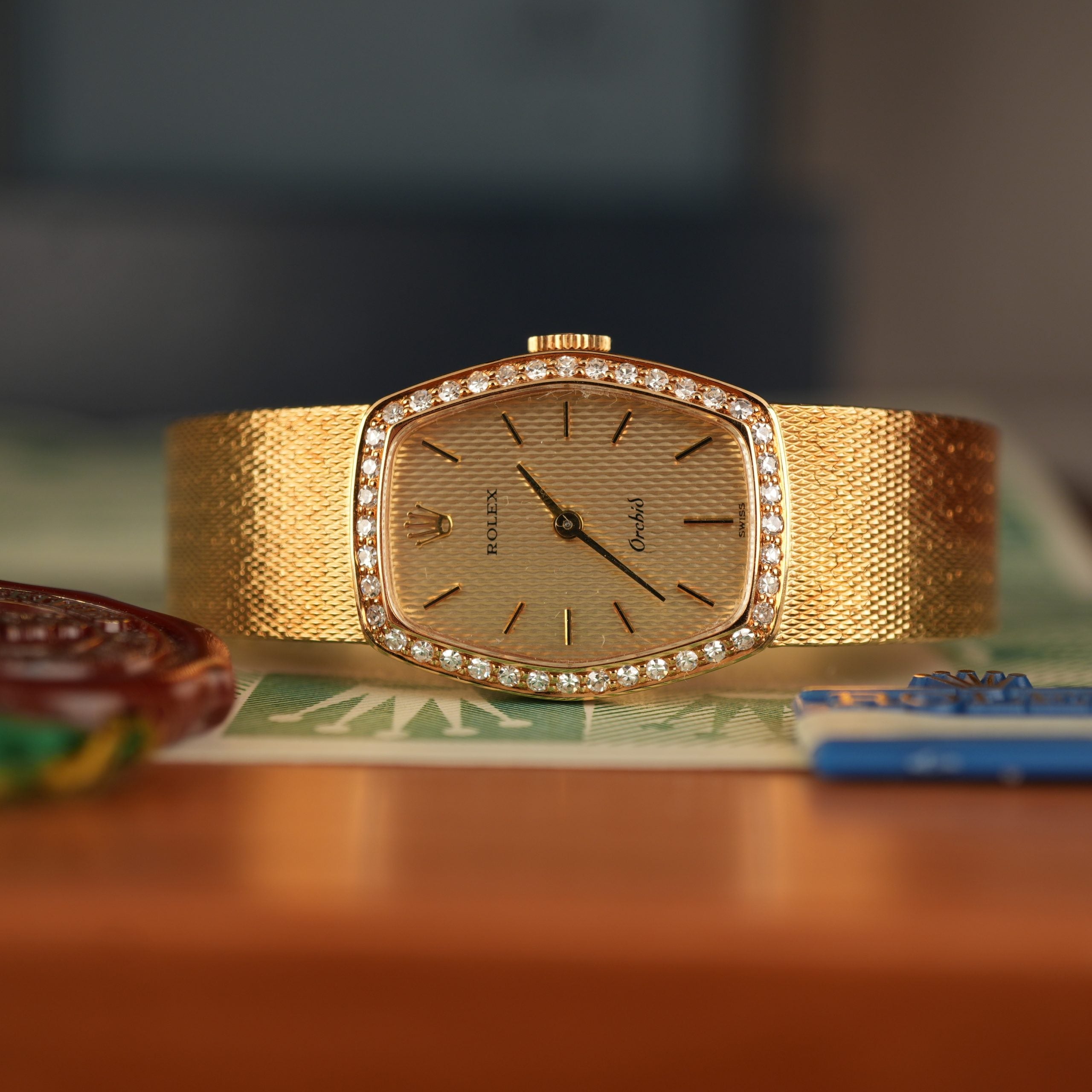 1986 Rolex Cellini Orchid Ref. 3466 18k Gold with Factory Diamonds Full Set New Old Stock