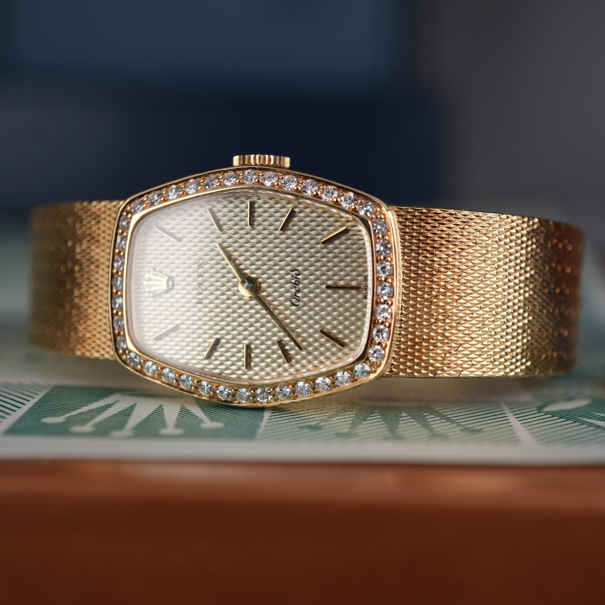 1986 Rolex Cellini Orchid Ref. 3466 18k Gold with Factory Diamonds Full Set New Old Stock