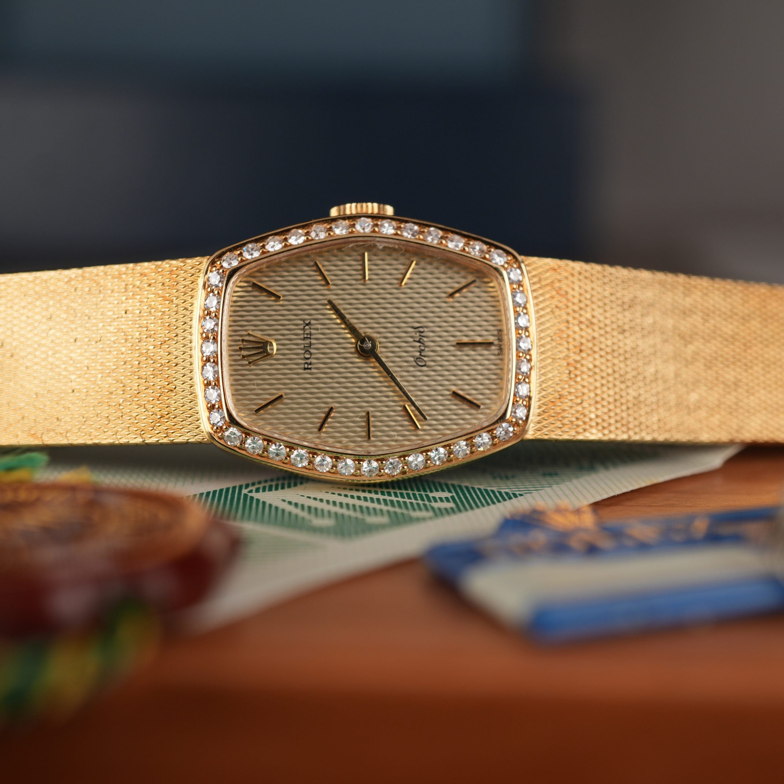 1986 Rolex Cellini Orchid Ref. 3466 18k Gold with Factory Diamonds Full Set New Old Stock