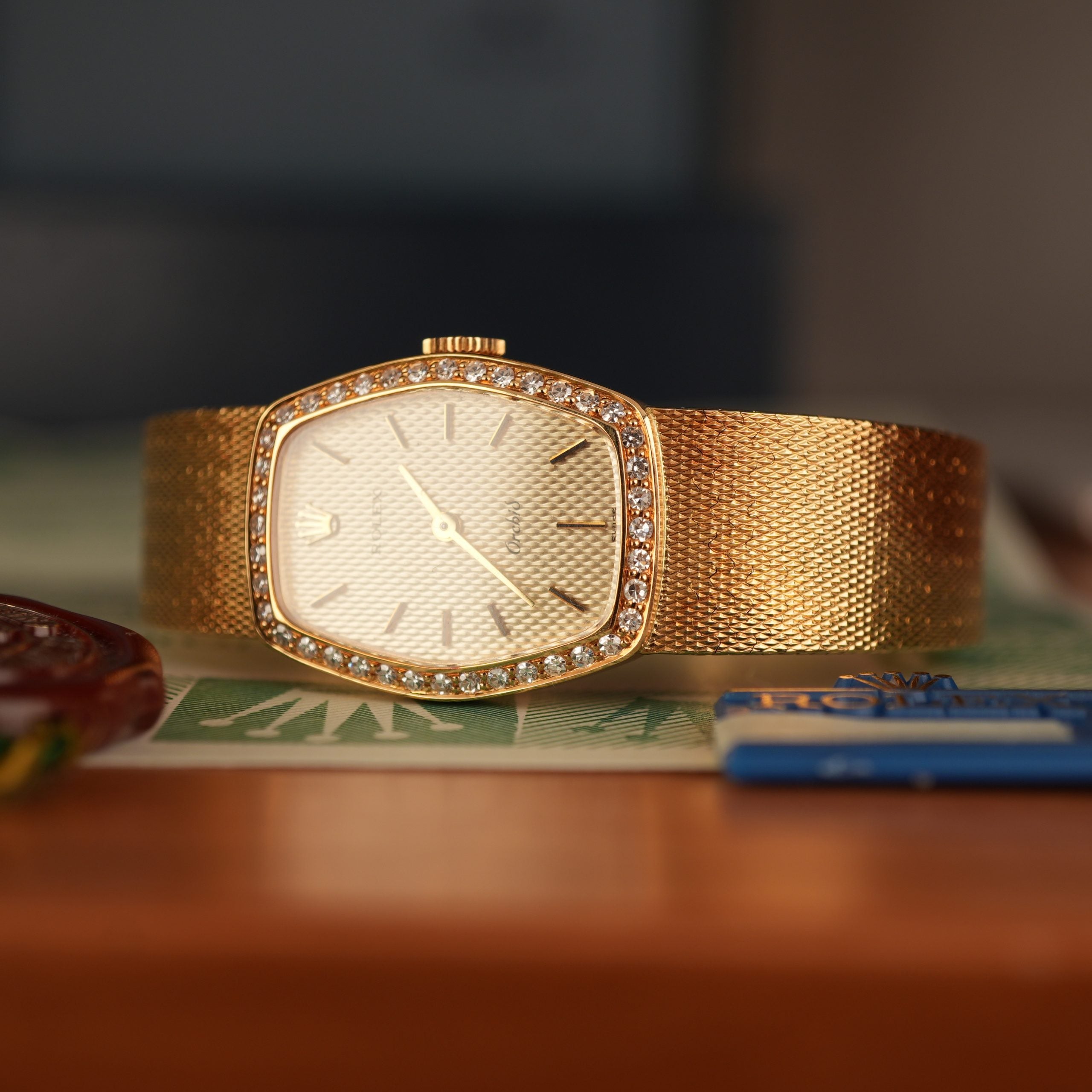 1986 Rolex Cellini Orchid Ref. 3466 18k Gold with Factory Diamonds Full Set New Old Stock